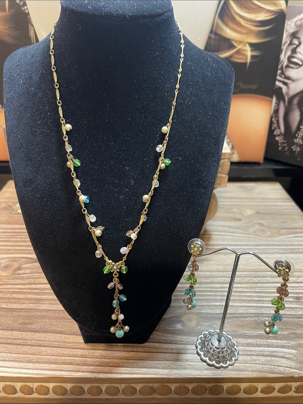 1928 Vintage Gold Tone Necklace Green, Blue, Brown & Beaded Accents & Earrings